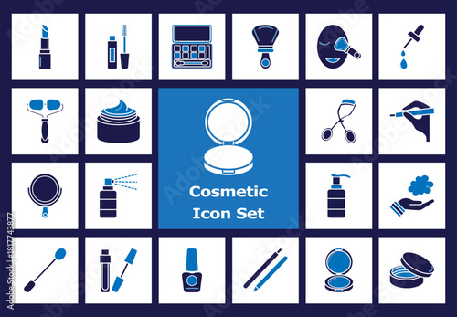 Cosmetic and Makeup Flat Color Icons: Lipstick, Mascara, Eyeshadow Palette, Brush, Powder Compact, Cream Jar, Eyelash Curler, Foundation, Skincare Dropper Vector Kit