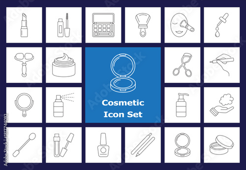 Cosmetic and Makeup Line Icons: Lipstick, Mascara, Eyeshadow Palette, Brush, Powder Compact, Cream Jar, Eyelash Curler, Foundation, Skincare Dropper Vector Kit