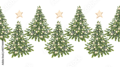 Watercolor seamless border with Christmas tree with gold garland on white background. Forest evergreen fir or pine for sticker or card. Hand-drawn rim for New Year celebration wrapping or wallpaper