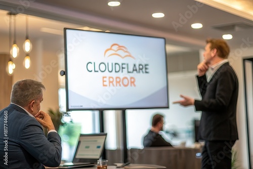 People discussing a Cloudflare error on a presentation screen