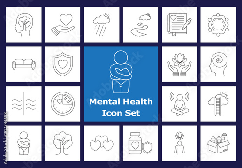 Mental Health Line Icons: Wellness, Stress, Mind, Therapy, Self-Care, Happiness, Meditation, Anxiety, Support, Lotus, Heart, Protection, Emotional Balance Vector Kit