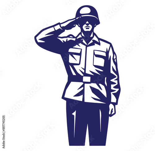 Silhouette illustration of a military soldier saluting in uniform on white background