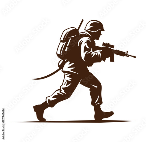 Silhouette of a military soldier carrying rifle and backpack ready for battle illustration