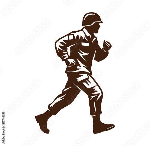 Silhouette of a running soldier wearing military uniform and helmet on white background