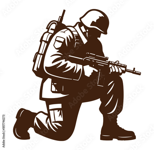 Soldier kneeling and aiming rifle in combat silhouette isolated on white background