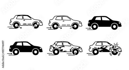 Six car icons showing different conditions and actions vehicle black and white