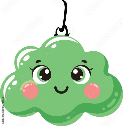 Flat vector illustration of a cute cartoon green jade cloud pendant with a smiling face, designed as a lucky charm or amulet for Lunar New Year and Asian culture themes.