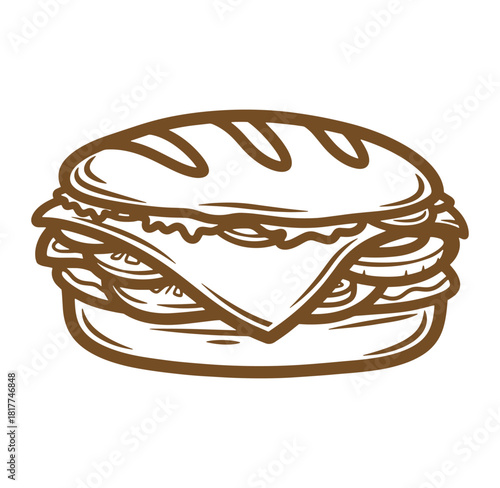 Vector illustration of a delicious sub sandwich with cheese and fresh ingredients ready to eat