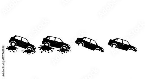 Four black car silhouettes stuck in mud and sand on white background vehicle
