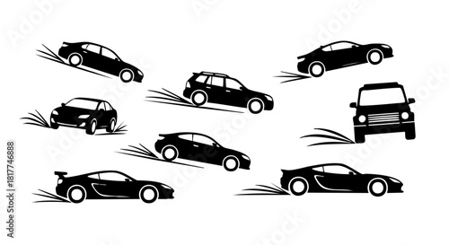 Black car icons with motion lines on white background automobile vehicle