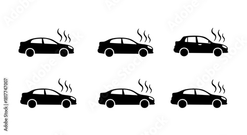 Six black car icons with steam rising from hoods on white background automobile vehicle