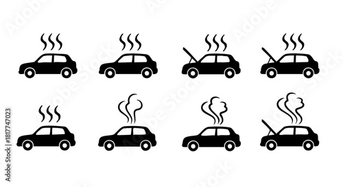 Black car icons showing steam rising from engine and hood open automobile vehicle