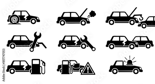 Car trouble icons flat black silhouette set broken down vehicle repair tow truck fuel emergency vector