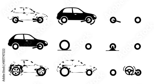 Black and white car icons showing tire change and steering wheel vehicle automobile