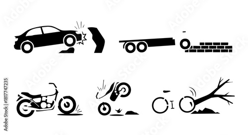 Car crash into barrier motorcycle accident fallen tree bicycle collision trailer hitting wall impact
