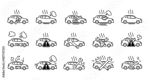 Car repair and breakdown icons with steam and warning signs vehicle mechanic