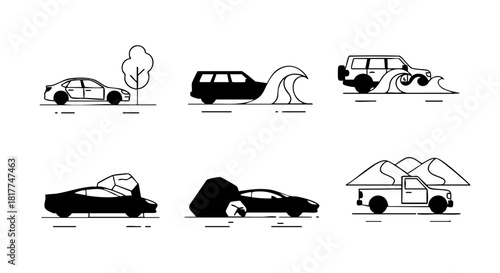 Collection of car icons illustrating various scenarios and environments vehicle
