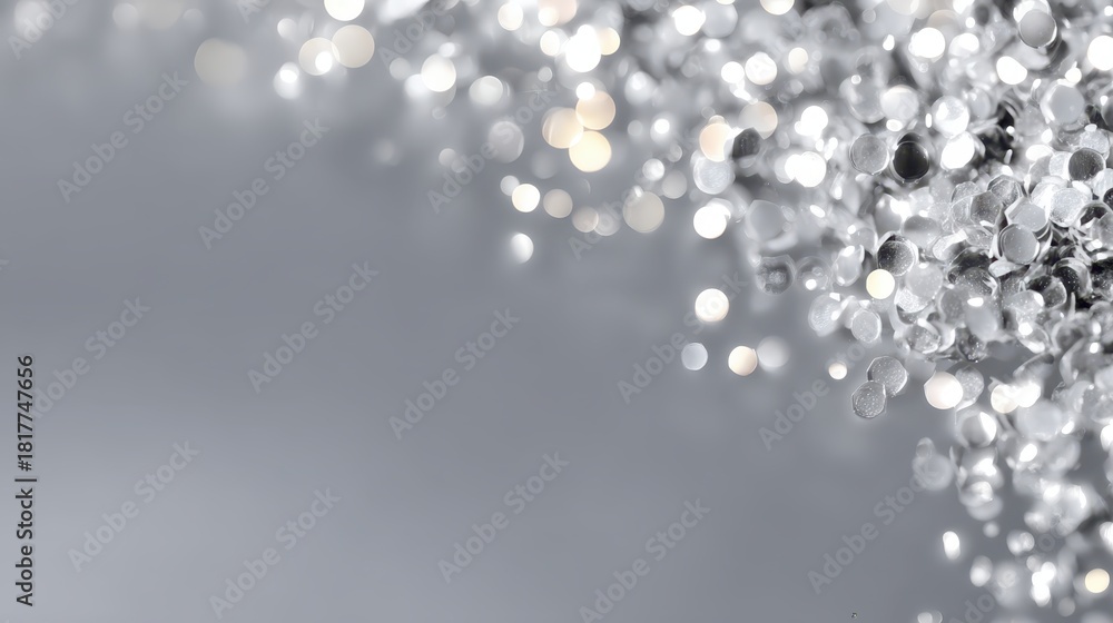 Fototapeta premium Sparkling silver bokeh on a soft gray background.