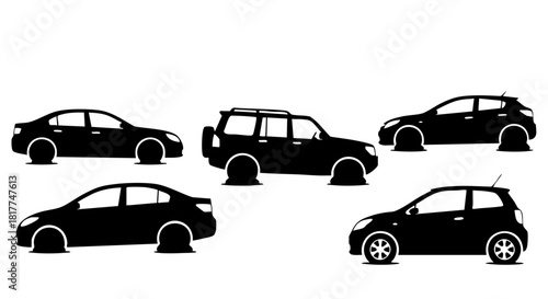 Five black car silhouettes with flat tires on a white background vehicle automobile