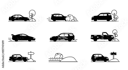 Collection of nine black and white line art icons depicting various vehicles and outdoor scenes car icon