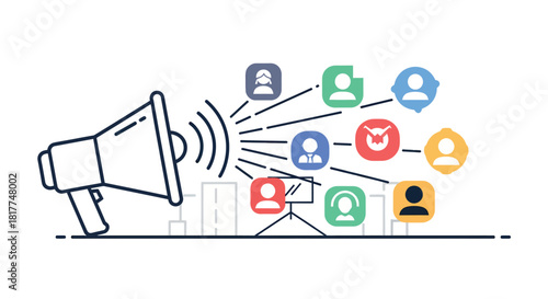 Megaphone broadcasting to diverse group of people representing social media influence and online communication in modern world.