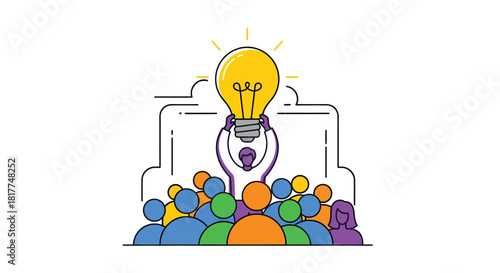 Group of diverse people holding up a bright lightbulb representing a new idea or innovation in a collaborative and supportive environment.