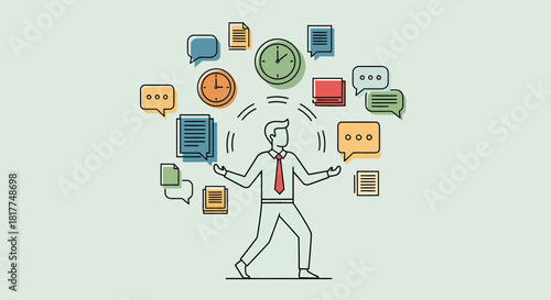 Man juggling multiple tasks with documents, clocks, and speech bubbles in a modern office setting, portraying a busy and productive work environment.