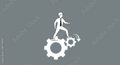 Businessman in hard hat steps confidently over turning gears, symbolizing progress and problemsolving in a modern industrial setting, conveying determination and innovation.