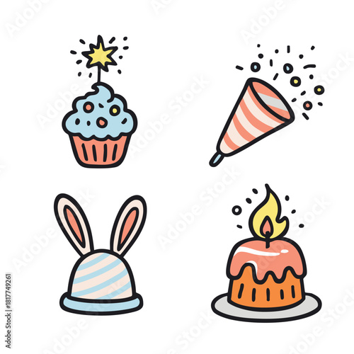 Cupcake, party hat, cake, and party horn with festive decorations and cheerful celebration vibes