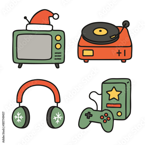 Retro television, record player, headphones, and game console with Christmas theme