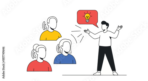 Man presenting new idea to colleagues in modern office, sparking innovation and teamwork during brainstorming session, fostering a collaborative environment.
