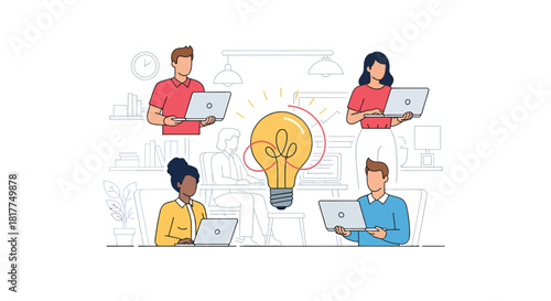 Team members collaborating online with laptops generate a bright idea in a modern office setting, showcasing teamwork and innovation in business, creating a positive atmosphere.