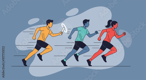 Runners competing in relay race on track with baton exchange, showcasing teamwork and speed in dynamic sports competition.