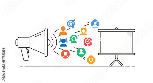 Megaphone projects colorful people symbols onto blank presentation screen, symbolizing marketing campaign targeting diverse audience with engaging content for business success.