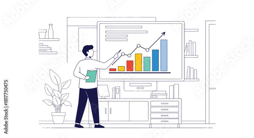 Man presenting a bar graph with upward trend in a modern office, showcasing business growth and success with a confident and professional demeanor.
