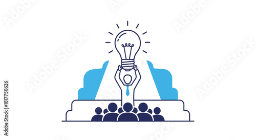 Team celebrates innovative idea by raising lightbulb above crowd on platform in bright, hopeful scene.