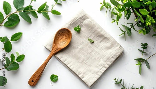 Wooden spoon on linen with plant sprigs, aerial view