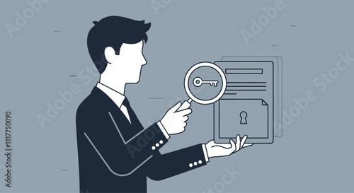 Businessman examines document with magnifying glass in office, searching for key information, symbolizing security and data analysis.