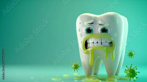 3D cartoon tooth with sad facial expression and green decay on turquoise background