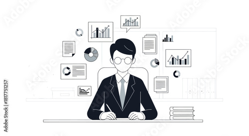 Young businessman analyzing financial charts and documents at his desk in modern office, showcasing data analysis and business intelligence.