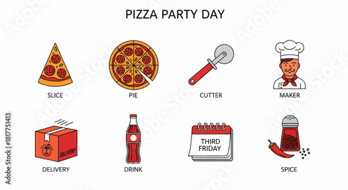 Icons for Pizza Party Day including food tools calendar and person