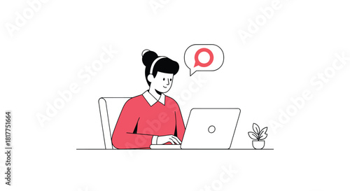 Focused woman works on laptop at desk with speech bubble, representing communication and modern workplace, in a minimalist style.