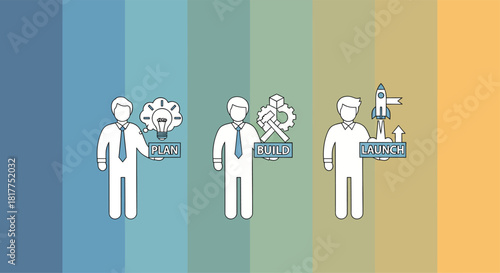Businessmen demonstrating plan, build, launch process with symbolic gears and rockets on a colorful backdrop, representing startup and development, conveying progress and innovation.