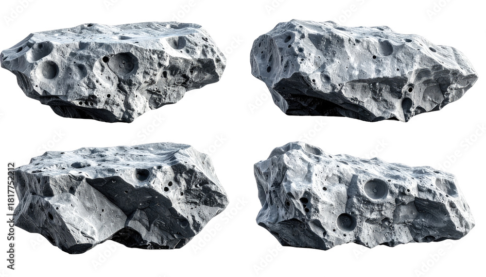 Fototapeta premium Four different views of a rough, grey, rocky celestial body with deep craters, floating against black