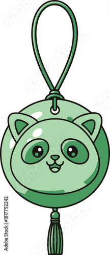 Flat vector illustration of a cute green jade pendant shaped like a cartoon panda face with a hanging tassel, designed as a traditional Chinese lucky charm or accessory.