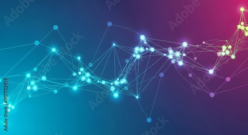 Futuristic tech visualization with illuminated nodes and connecting lines forming a dynamic digital web. Vibrant gradient colors representing innovation, artificial intelligence, and data networking.