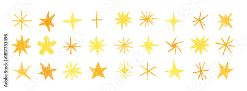 Crayon Star and Asterisk Icons Set. Vector Collection Hand Drawn Doodle Shapes of Stars in Yellow Color. Charcoal Sparkle Elements in Kids Style for Creative Designs and Backgrounds.