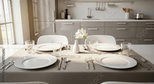 Elegant table setting in a contemporary home kitchen, showcasing organized dining ware, a wooden surface, and soft daylight streaming through the window. Simple and stylish interior design.