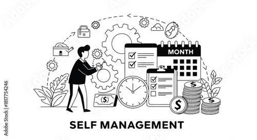 Self Management Concept Illustration with Planning and Finance Elements.