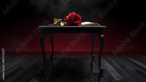 Surreal Cinematic Composition of a Black Table with a Single Red Rose and Dripping Water against Dark Background